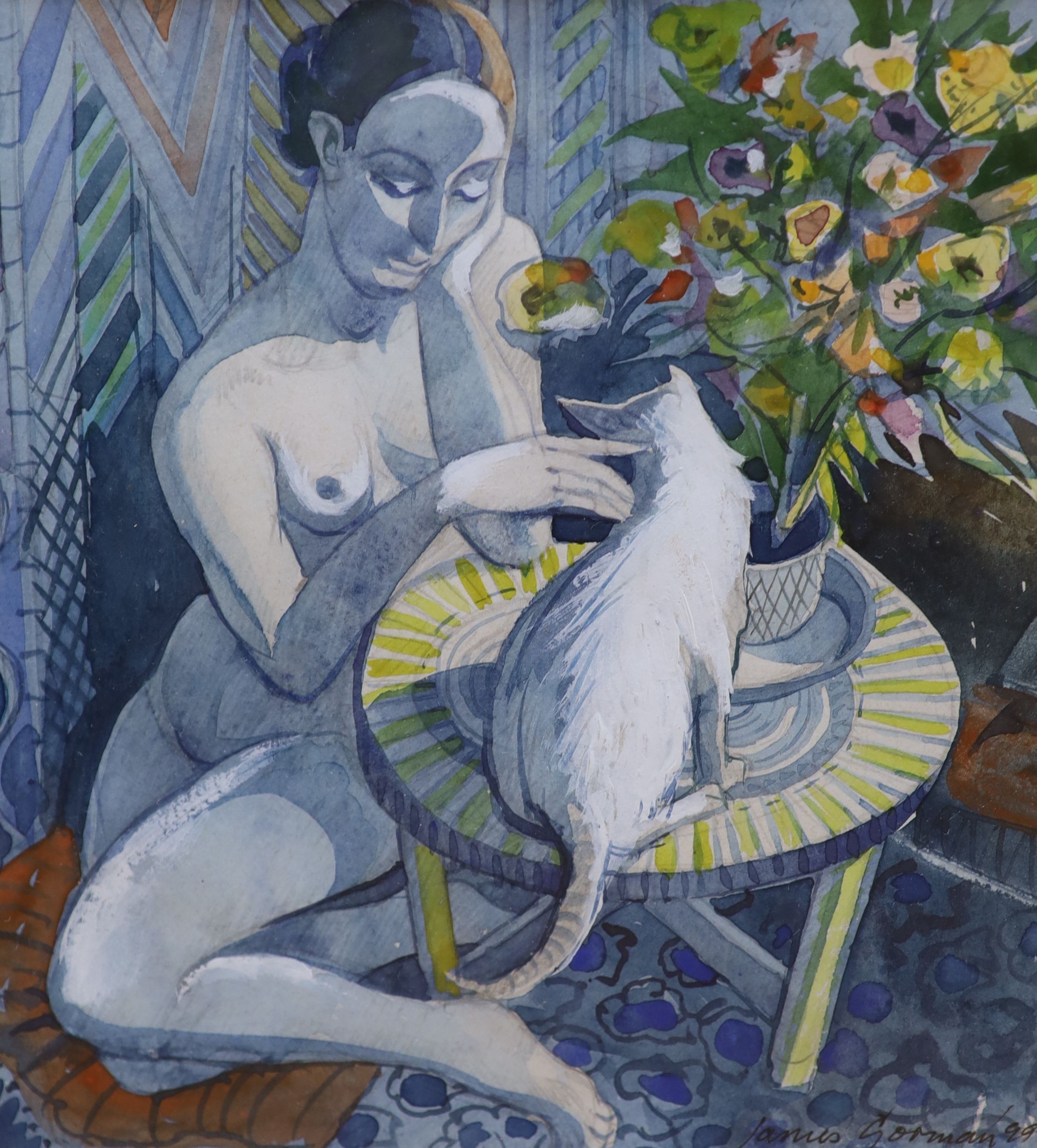 John Reay (1947-2011), pastel, reclining nude , 19 x 27cm. and James Gorman (1931-2005), watercolour, nude with cat, 20 x 18cm.